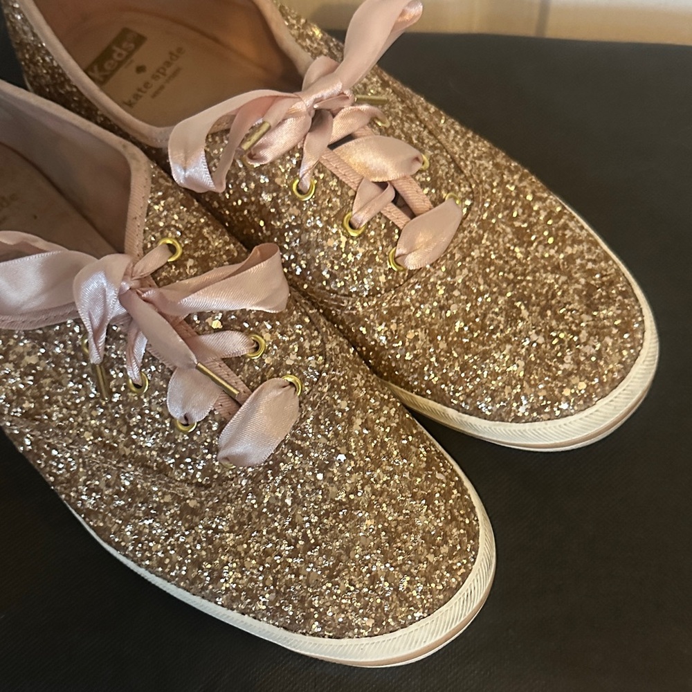 Kate Spade Gold Glitter Keds Sneakers with Pink Ribbon